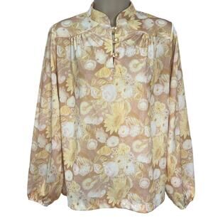 Vintage Nikki 1/4 Button Long Sleeve Blouse Yellow Neutral Floral 70s Disco M